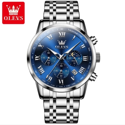 Picture of Olevs 5529G Silver Stainless Steel Chronograph Wrist Watch For Men - RoyalBlue & Silver