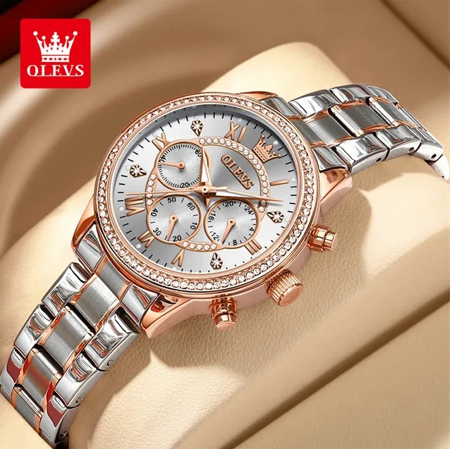 Picture of Olevs TY715L Silver & RoseGold Stainless Steel Chronograph Wrist Watch For Women - White Silver & RoseGold