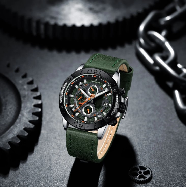 Picture of NAVIFORCE NF8055L PU Leather Chronograph Watch For Men’s – Green Silver & Black