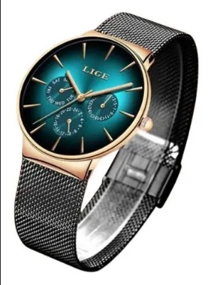 Picture of LIGE LG9936S Mesh Chain Stainless Steel Chronograph Watch For Men - Black RoseGold & Green