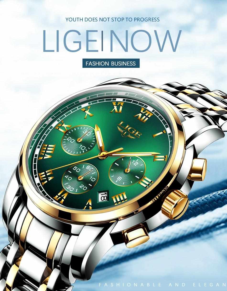 Picture of LIGE LG9810S Stainless Steel Chronograph Watch for Men – Silver Golden & Green