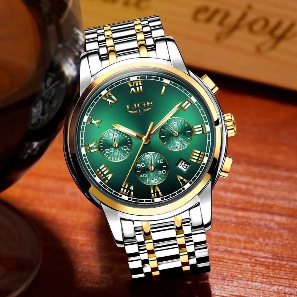Picture of LIGE LG9810S Stainless Steel Chronograph Watch for Men – Silver Golden & Green