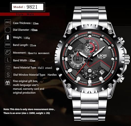 Picture of LIGE LG9821S Stainless Steel Chronograph Quartz Watch for Men - Silver & Black