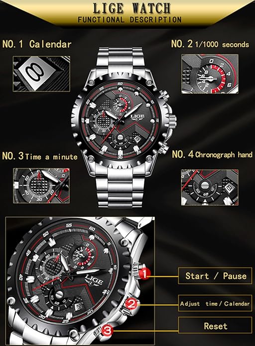 Picture of LIGE LG9821S Stainless Steel Chronograph Quartz Watch for Men - Silver & Black
