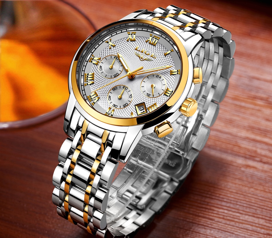 Picture of LIGE LG9849S Stainless Steel Chronograph Watch For Men - White Silver & Golden