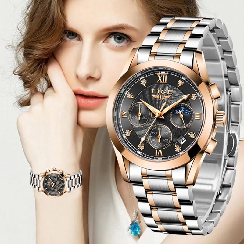 Picture of LIGE LG8912S Stainless Steel Chronograph Watch For Men – Black Silver & RoseGold
