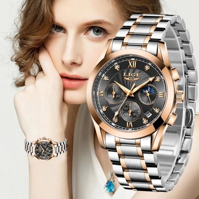 Picture of LIGE LG8912S Stainless Steel Chronograph Watch For Men – Black Silver & RoseGold
