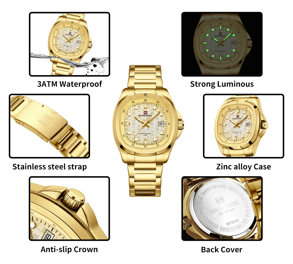 Picture of NAVIFORCE NF9240 Men’s Quartz Date Watch Japanese Movement Square Dial Stainless Steel Waterproof Design