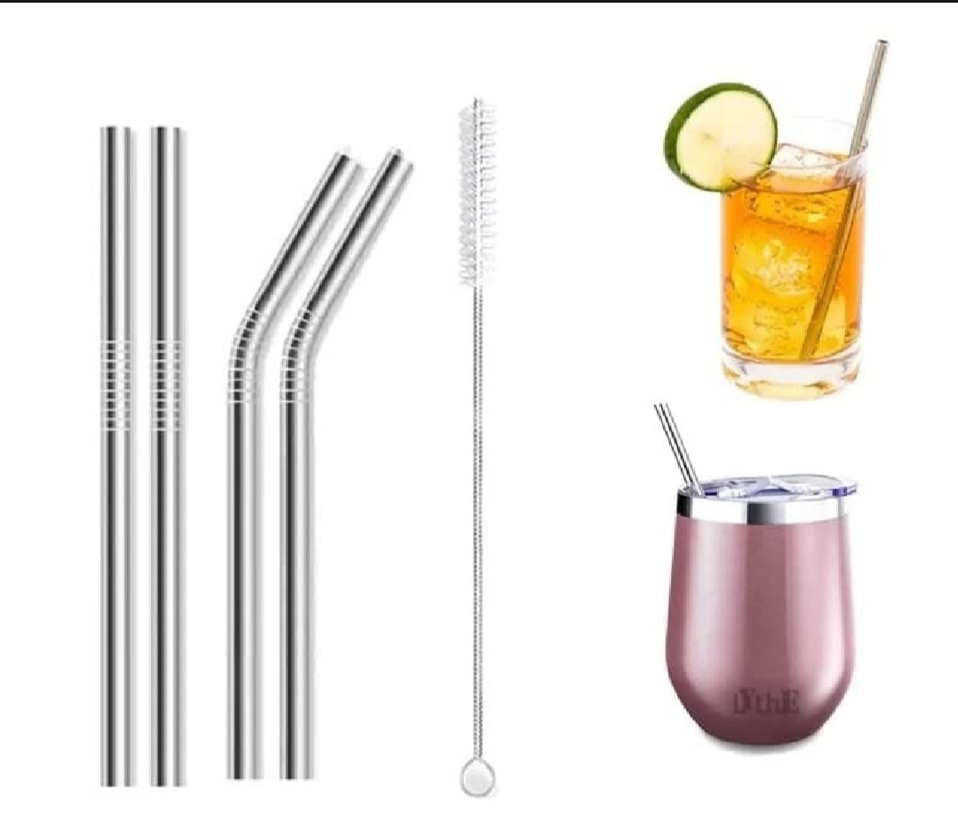 Picture of Reusable BPA-Free Metal, Thick, Long, Dishwasher Safe Stainless Steel Straws (3 Straw + 1 Cleaning Brushes)