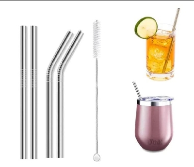 Picture of Reusable BPA-Free Metal, Thick, Long, Dishwasher Safe Stainless Steel Straws (3 Straw + 1 Cleaning Brushes)