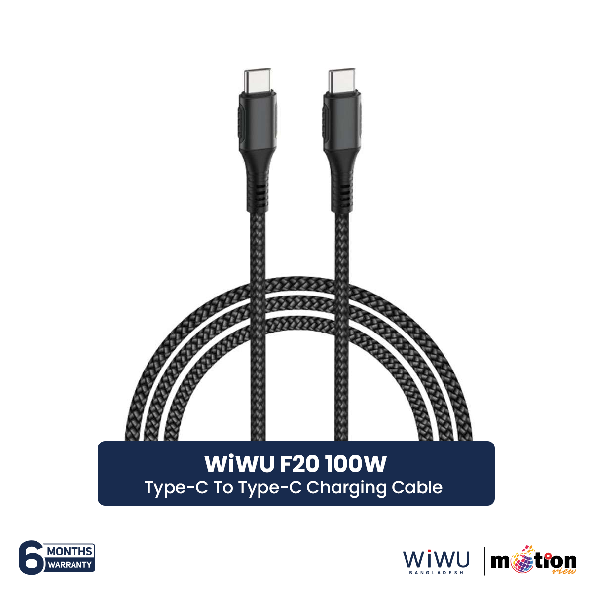 Picture of WiWU F20 100W Fast Charging Type-C To Type-C Charging Cable 2M- Black
