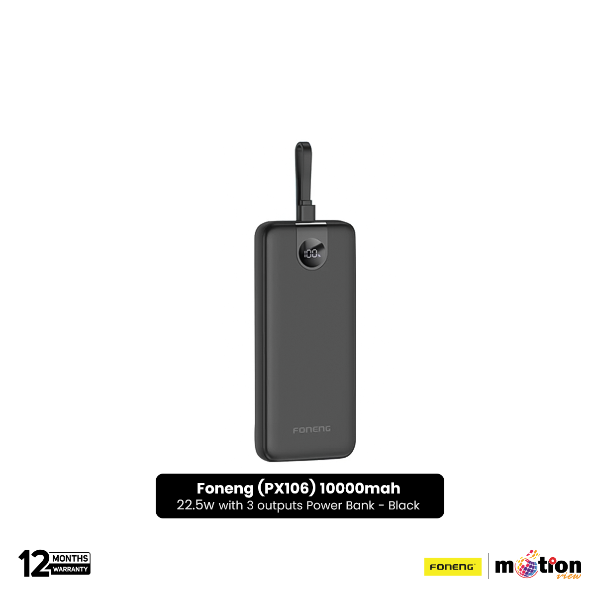 Picture of Foneng (PX106) 10000mah 22.5w Fast Charging Portable Power Bank with Built-In 3 Cables- Black