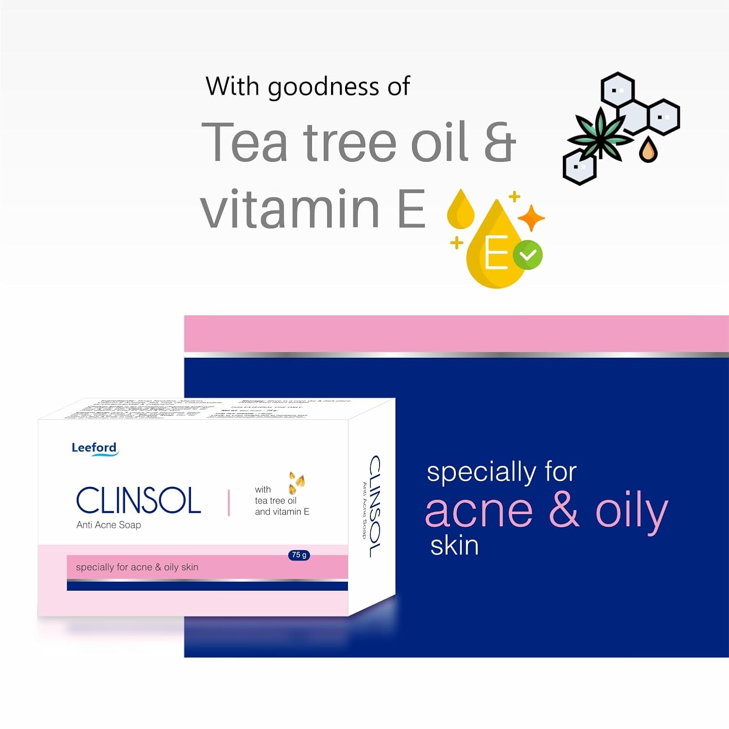 Picture of Leeford Clinsol Soap Pack of 3 (75g Each)- Enriched Tea Tree Oil with Vitamin E for Soft Skin || Gentle on Skin || Helps to remove Acne and Makes Skin..