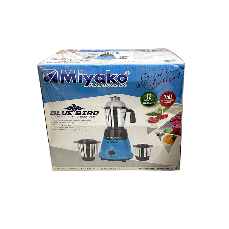 Picture of Miyako  Blue Bird  3 IN 1 ELECTRIC Heavy Duty Mixer Blender 3 Stainless Steel Jar 750 Watt = 100 Percent Cooper Blender: (1 Year Warranty)