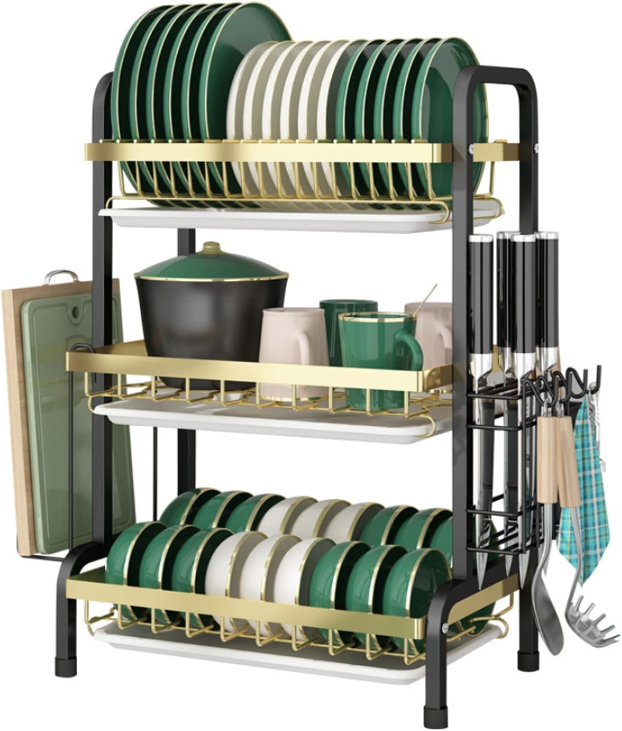 Picture of Proclean Black & Gold 3 Layer Dish Drain Rack with Drain Board_ KR-2098. Carbon Steel Bowl Rack Bowl Rack with Drain Board Cutting Board Shelf Bowl Rack.