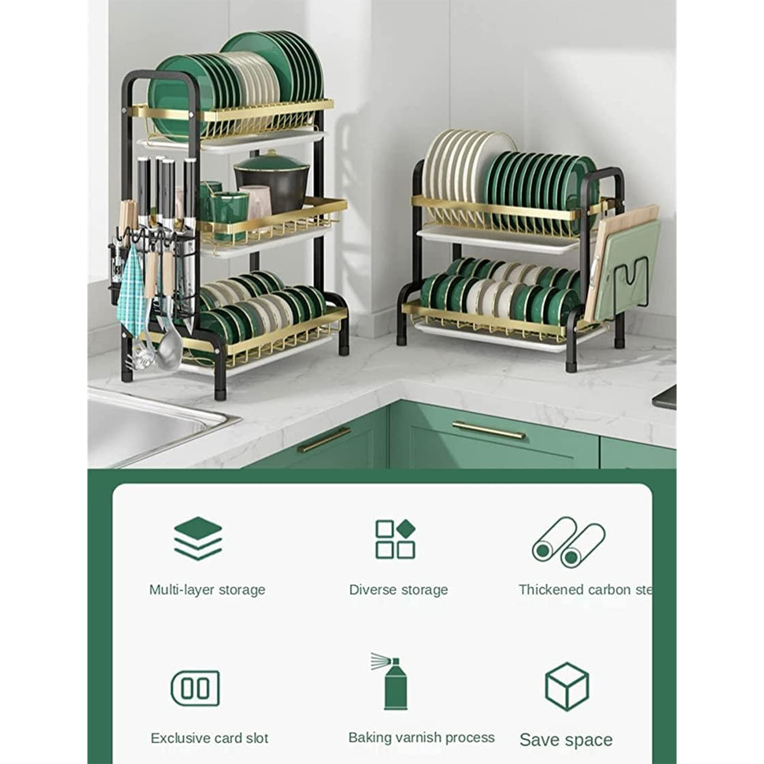 Picture of Proclean Black & Gold 3 Layer Dish Drain Rack with Drain Board_ KR-2098. Carbon Steel Bowl Rack Bowl Rack with Drain Board Cutting Board Shelf Bowl Rack.