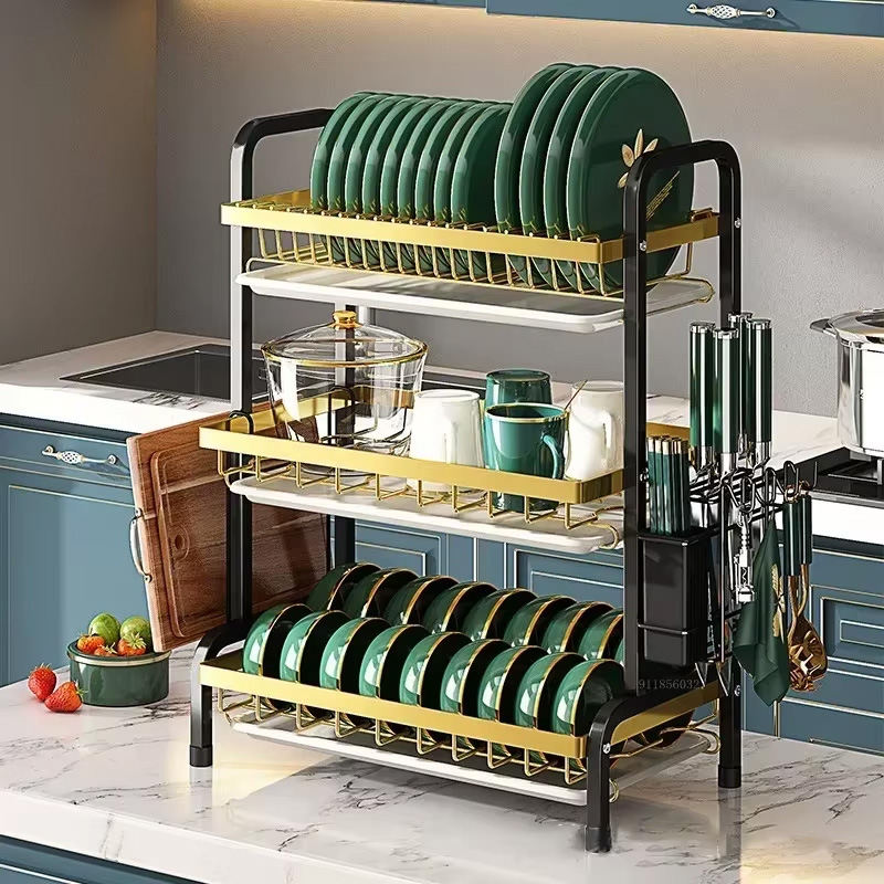 Picture of Proclean Black & Gold 3 Layer Dish Drain Rack with Drain Board_ KR-2098. Carbon Steel Bowl Rack Bowl Rack with Drain Board Cutting Board Shelf Bowl Rack.