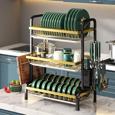 Picture of Proclean Black & Gold 3 Layer Dish Drain Rack with Drain Board_ KR-2098. Carbon Steel Bowl Rack Bowl Rack with Drain Board Cutting Board Shelf Bowl Rack.