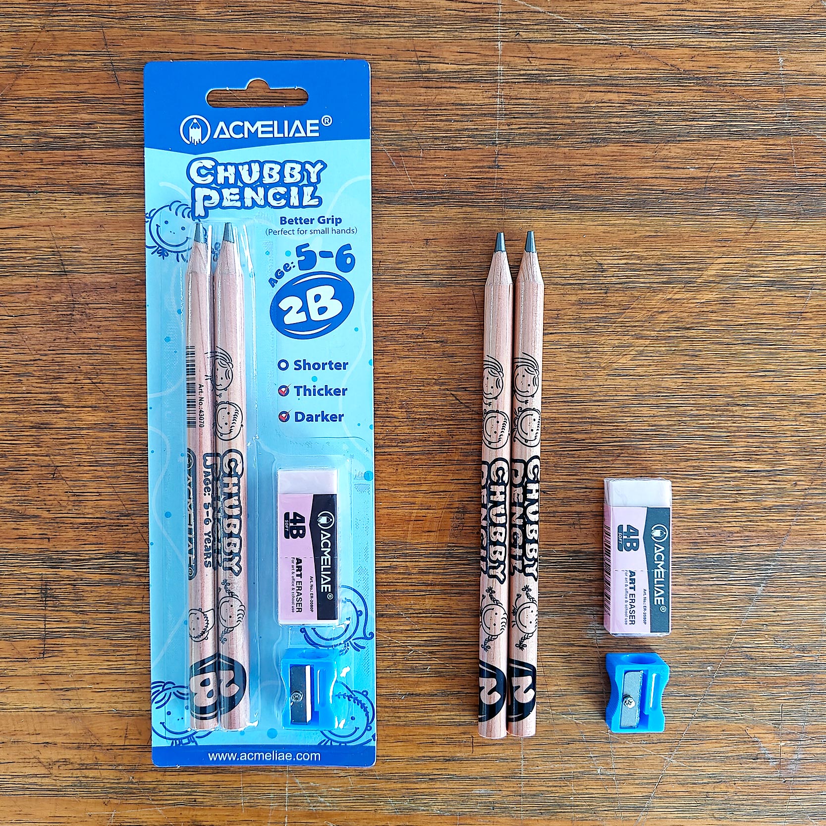 Picture of 43070 - 2B Acmeliae Chubby Pencil (Age 5-6) (3 pcs Set) with 4B Art Eraser & Sharpner