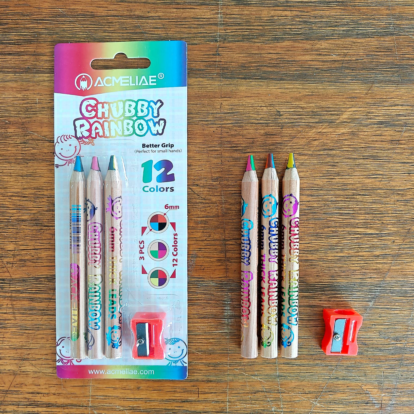 Picture of Acmeliae Chubby Rainbow Color Pencil (3 pcs Set) with Sharpener - (43069)