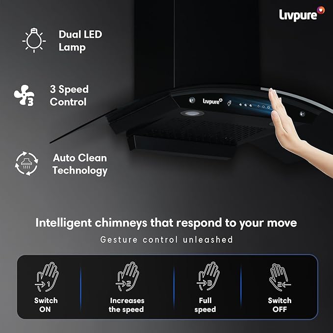 Picture of Livpure Swirl 90 1400 m3/hr Curved Glass | Filterless Autoclean Kitchen Hood |10 Year Warranty On Motor|Touch & Gesture Control, Black