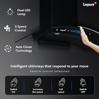 Picture of Livpure Swirl 90 1400 m3/hr Curved Glass | Filterless Autoclean Kitchen Hood |10 Year Warranty On Motor|Touch & Gesture Control, Black