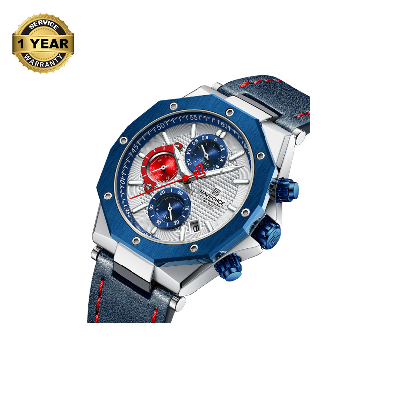 Picture of NAVIFORCE NF8028 Navy Blue PU Leather Chronograph Watch For Men - Silver & Navy Blue