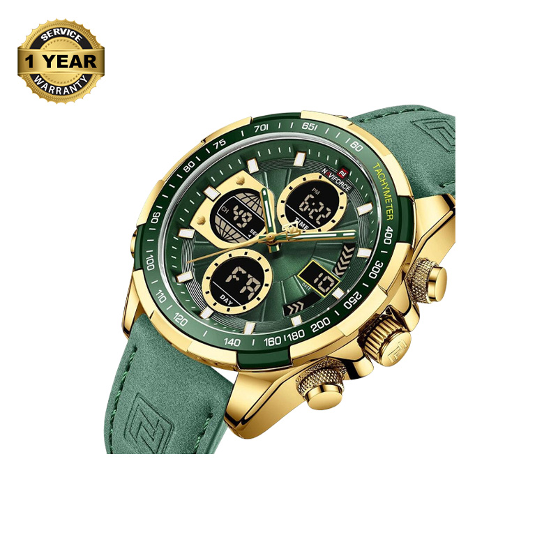 Picture of NAVIFORCE NF9197 Green PU Leather Dual Time Watch For Men - Golden & Green