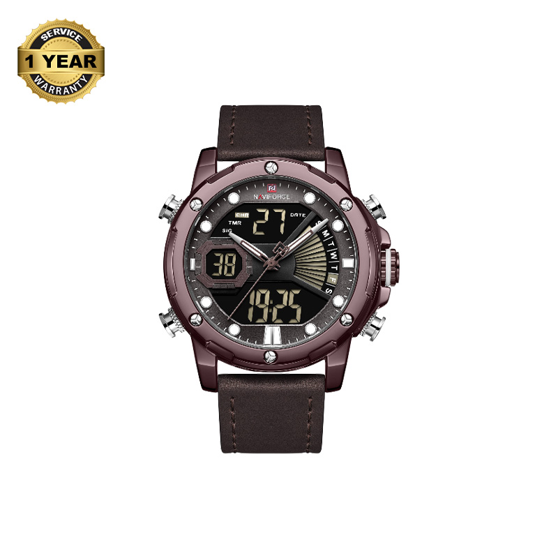 Picture of NAVIFORCE NF9172 Chocolate PU Leather Dual Time Wrist Watch For Men - Bronze and Chocolate