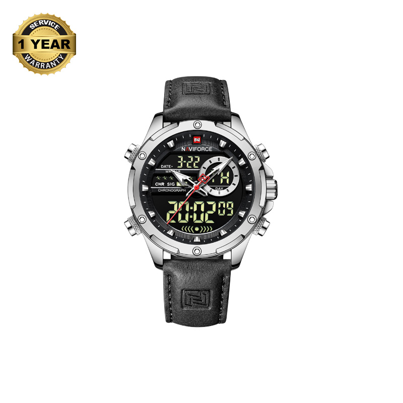 Picture of NAVIFORCE NF9208 Black PU Leather Dual Time Watch For Men - Silver & Black
