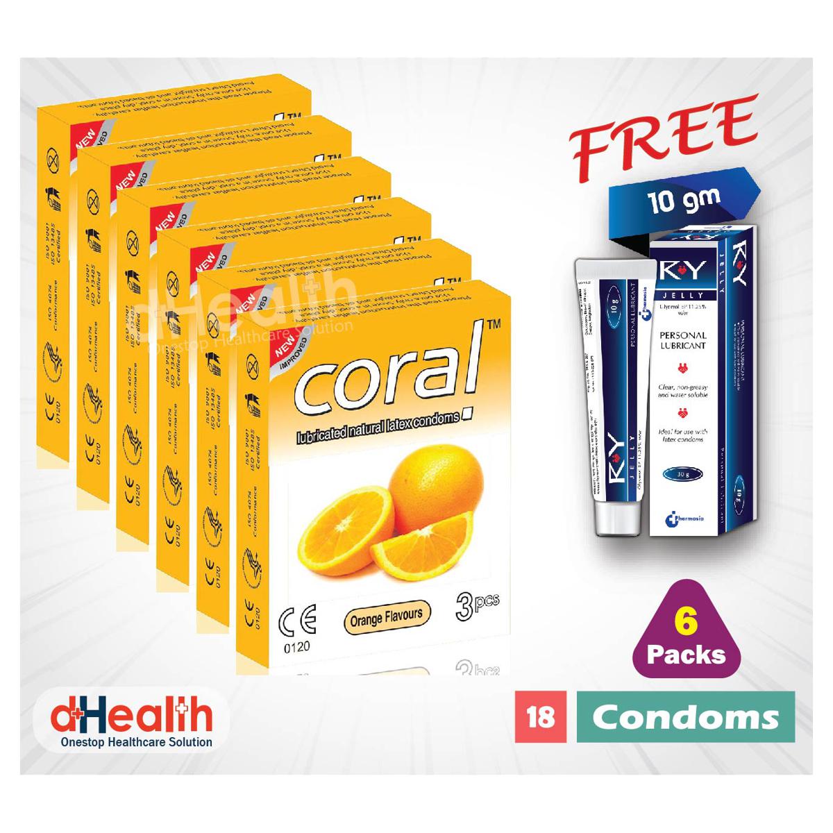 Picture of Coral Orange Flavor Condom 6 Packs (18 Pcs), 1 Ry Jelly 10g (Personal Lubricant) Free