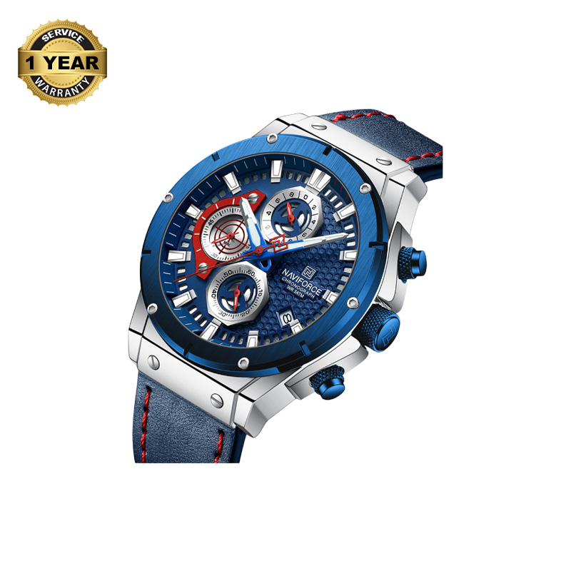 Picture of NAVIFORCE NF8027 Navy Blue PU Leather Chronograph Watch For Men - Silver & Navy Blue