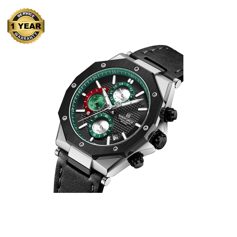 Picture of NAVIFORCE NF8028 Black PU Leather Chronograph Watch For Men - Silver & Black