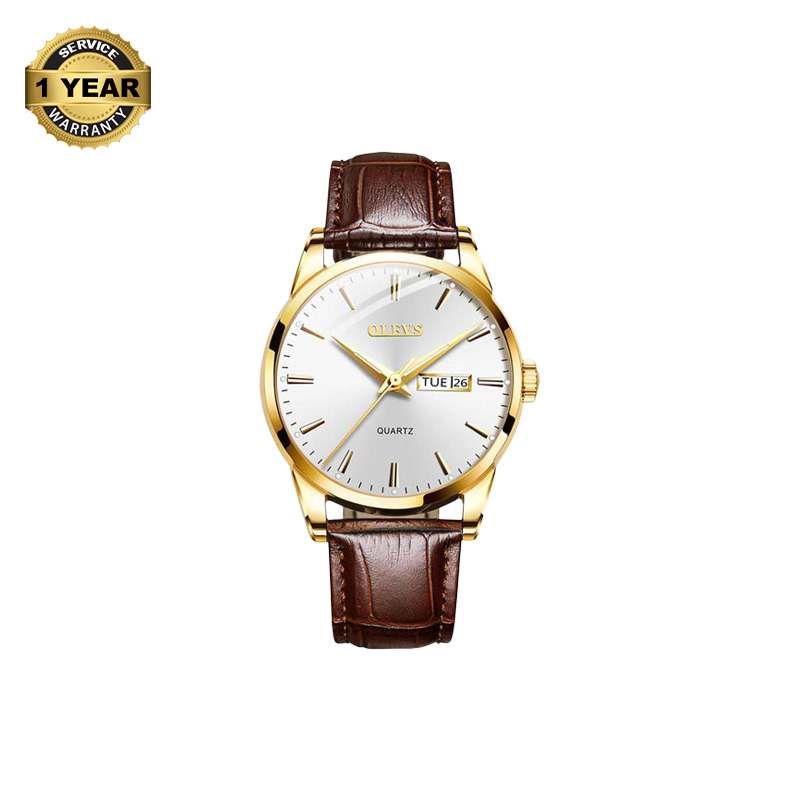 Picture of OLEVS 6898 Chocolate PU Leather Analog Watch For Men - White & Chocolate