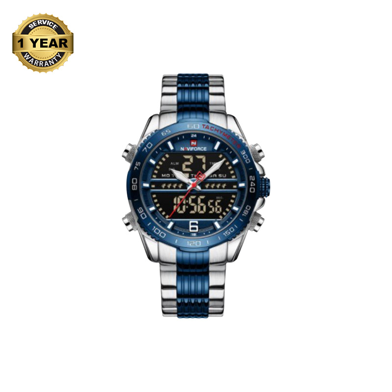 Picture of NAVIFORCE NF9195 Silver And Royal Blue Stainless Steel Dual Time Watch For Men - Royal Blue & Silver