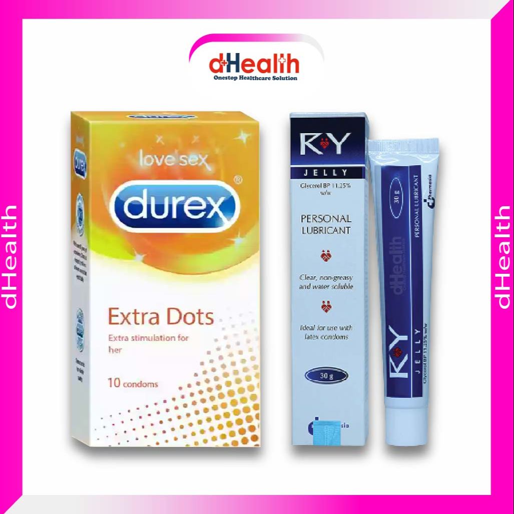 Picture of Durex Extra Dots Condoms 10 Pcs Pack (India) & RY Jelly Personal lubricant 30g Combo