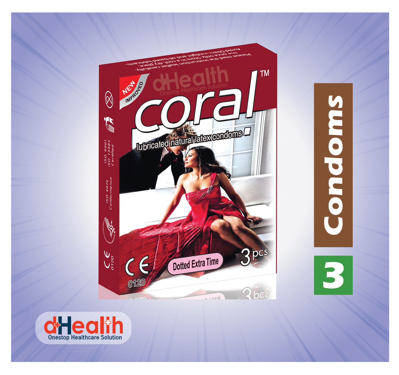 Picture of Coral Dotted Extra Time Condom 3 Pack & RY Jelly 30gm 1 Pc Combo Pack