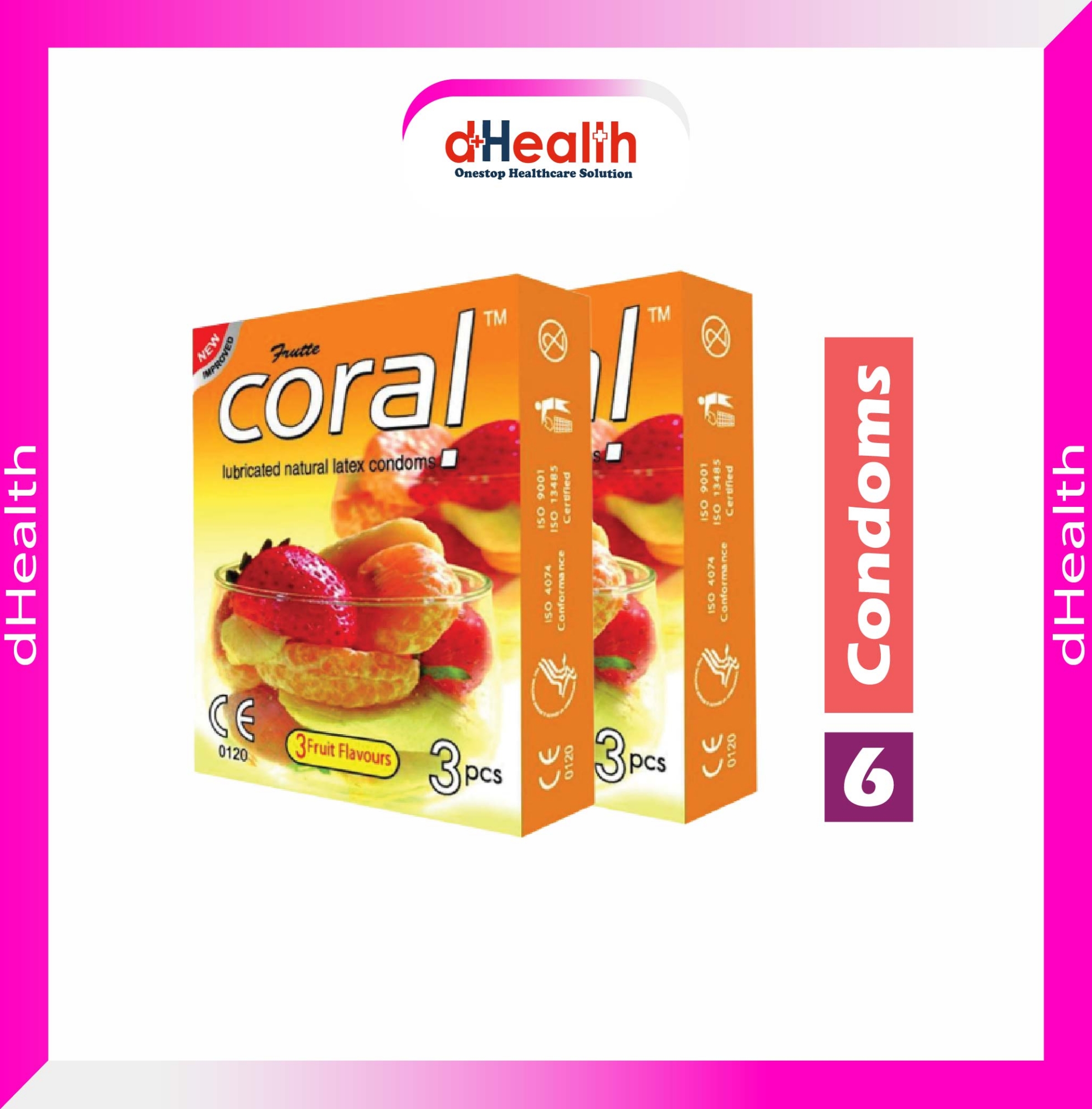 Picture of Coral 3 Fruits Flavor Condom 2's Combo Pack, 6 Pcs