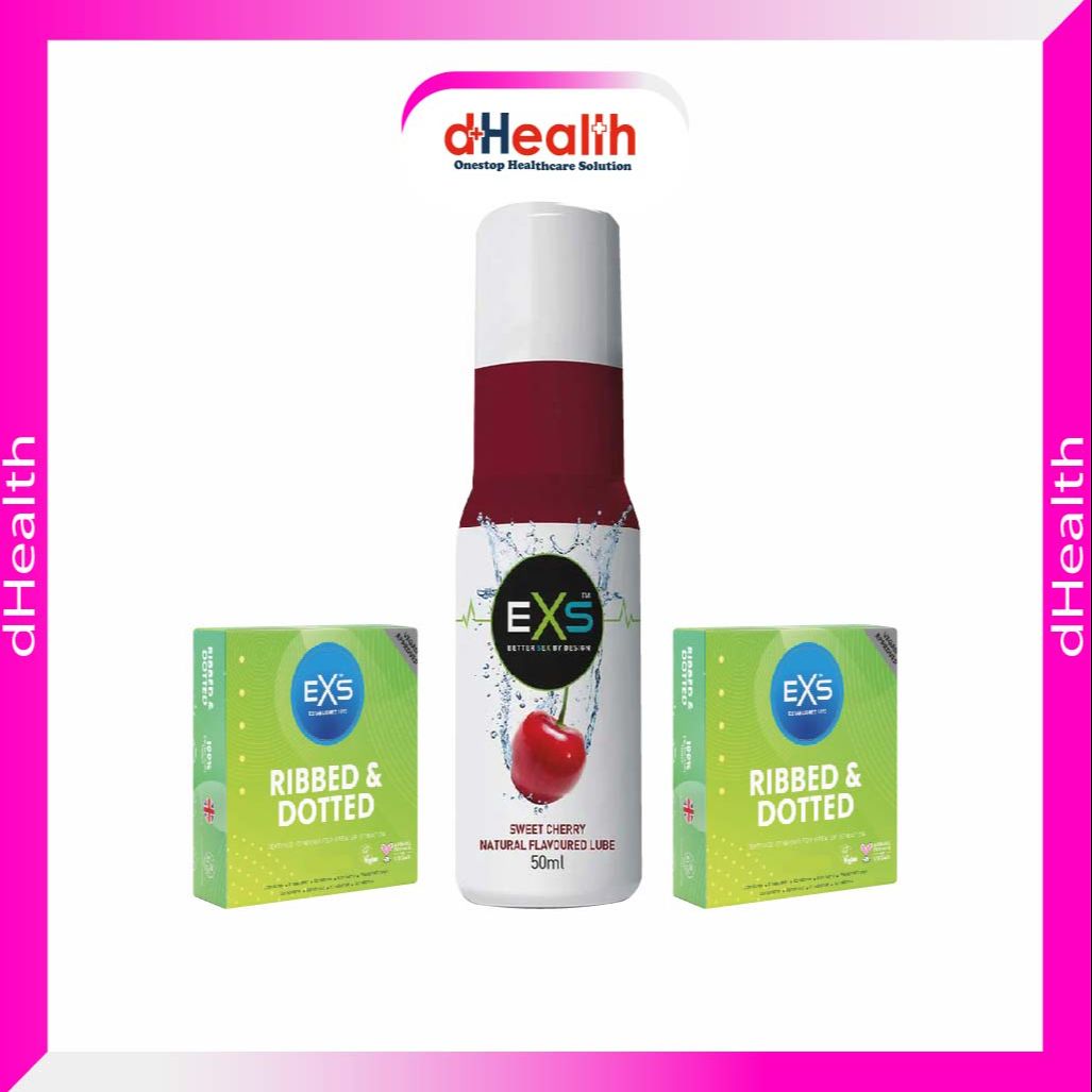 Picture of EXS 2's Ribbed & Dotted Condom & 1 Sweet Cherry Natural Flavoured Lube 50ml (UK) Combo Pack