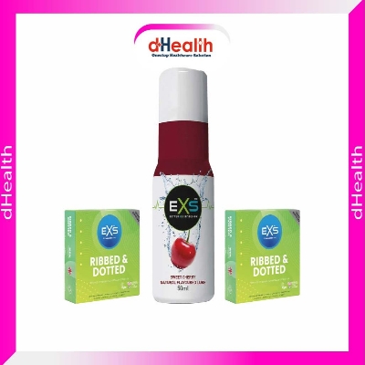Picture of EXS 2's Ribbed & Dotted Condom & 1 Sweet Cherry Natural Flavoured Lube 50ml (UK) Combo Pack