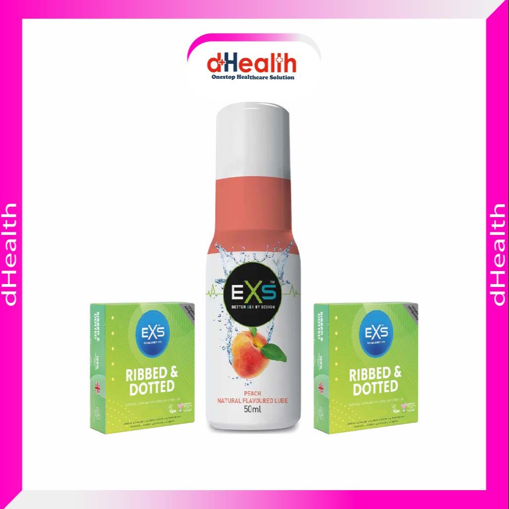 Picture of EXS 2's Ribbed & Dotted Condom & 1 Peach Natural Flavoured Lube 50ml (UK) Combo Pack