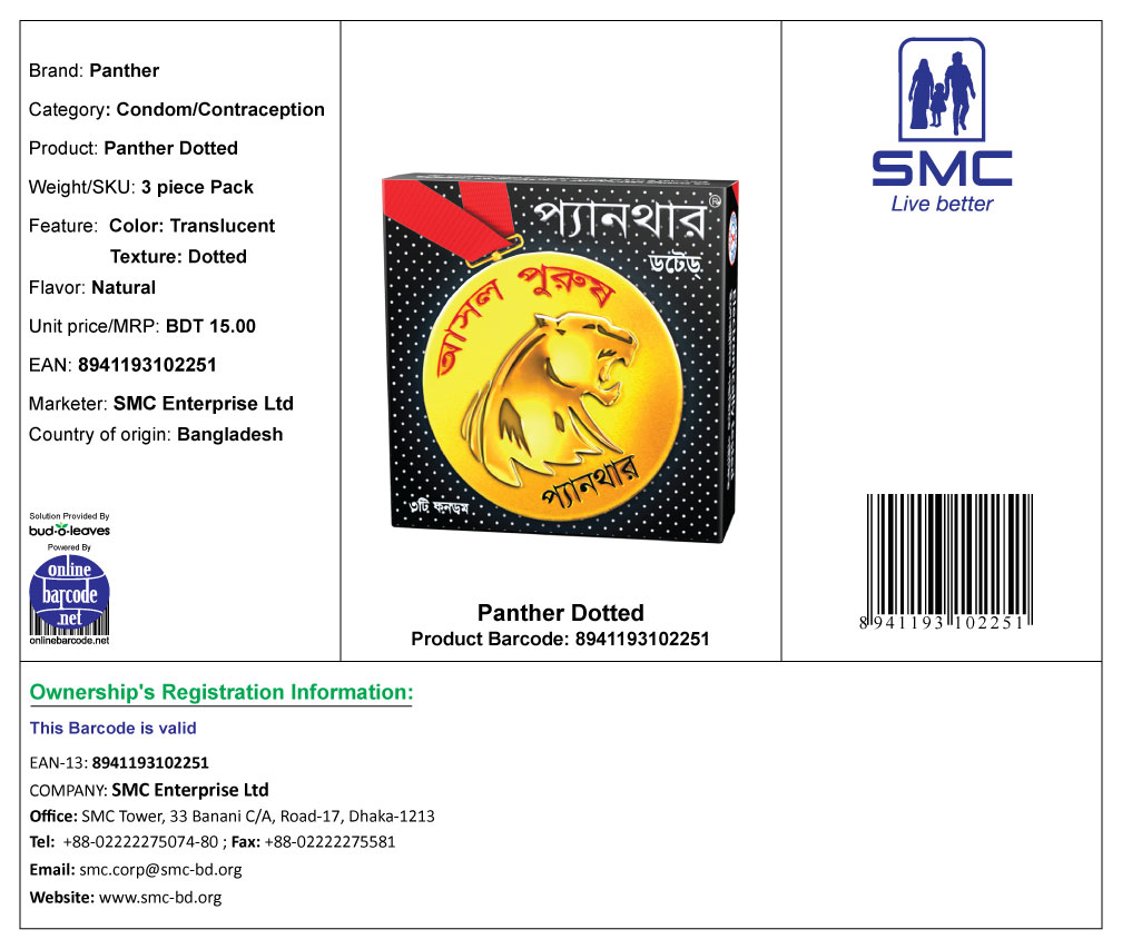 Picture of Panther Dotted Banana Flavored Condoms Single Pack (3x1)=3pcs