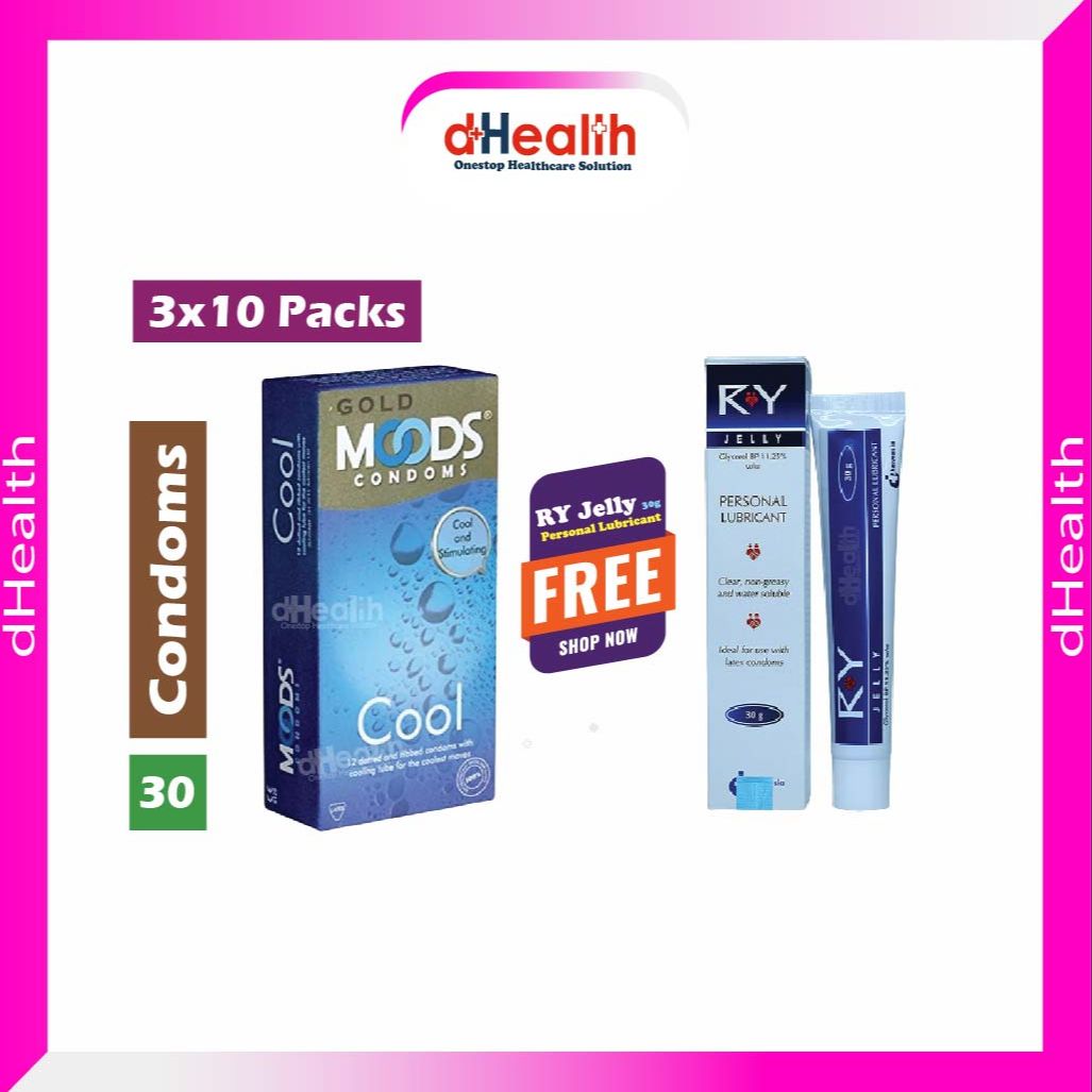 Picture of Moods Gold Cool Condom Full Box ( 10 pack of 3's / 30pcs) & Free 1 pc RY Jelly 30g