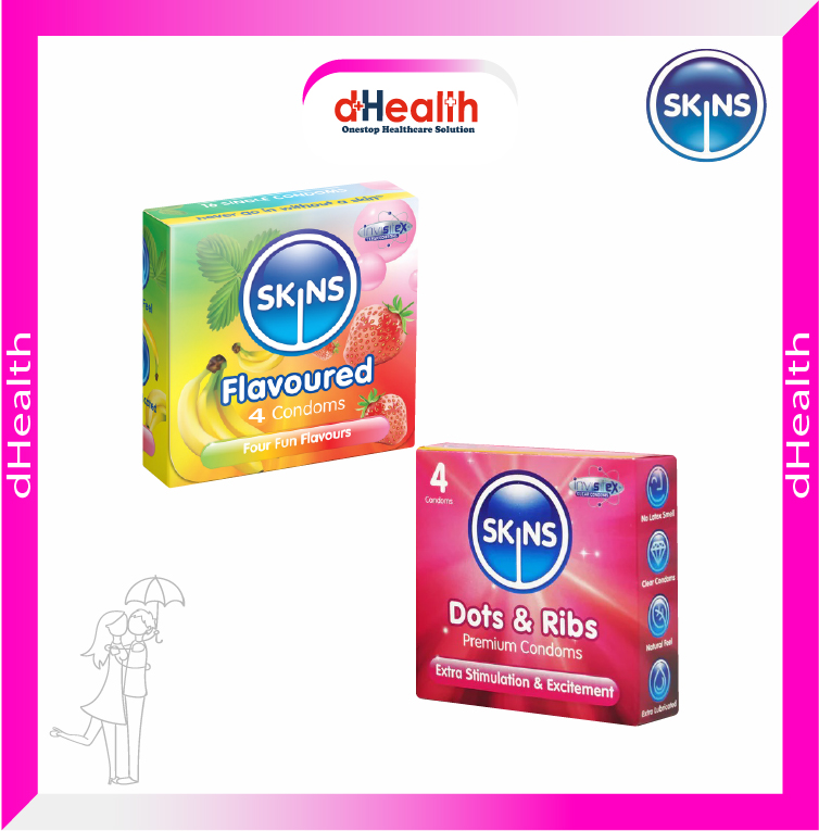 Picture of SKINS Flavored Premium & SKINS Dots & Ribs Premium Condoms 2,s Combo Pack (4x2)=8 Pcs (UK)