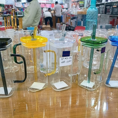 Picture of 400ml Glass Cup With Lid and Straw Transparent Bubble Tea Cup Juice Glass Beer Can Milk Mocha Cups Breakfast Mug Drinkware