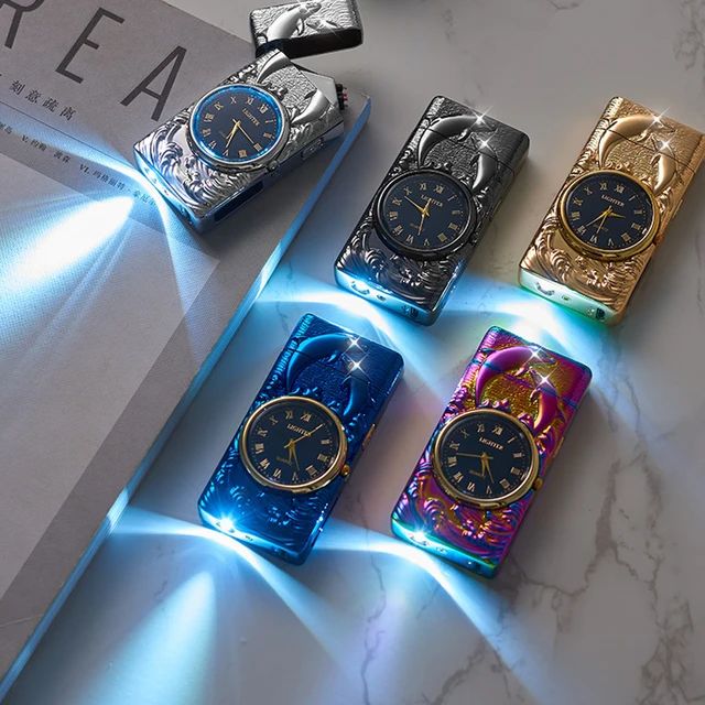 Picture of Multifunctional digital power display double arc pulse electronic lighter clock Quartz watch men's gift lighter