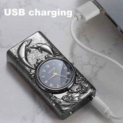 Picture of Multifunctional digital power display double arc pulse electronic lighter clock Quartz watch men's gift lighter