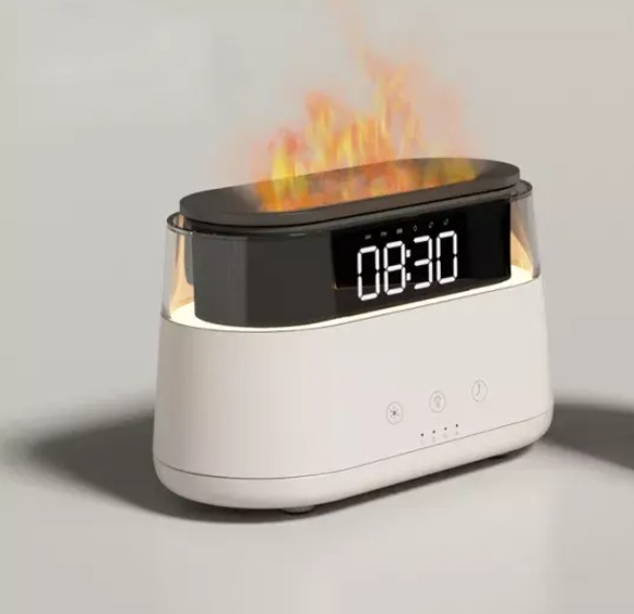 Picture of 3D Flame Light Aroma Essential Oil Diffuser with Alarm Clock 180ml Cool Mist Air Humidifier with Time Display