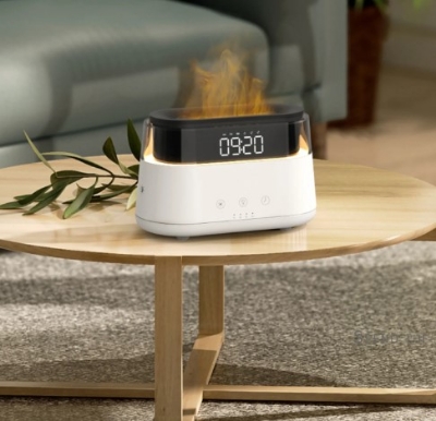 Picture of 3D Flame Light Aroma Essential Oil Diffuser with Alarm Clock 180ml Cool Mist Air Humidifier with Time Display