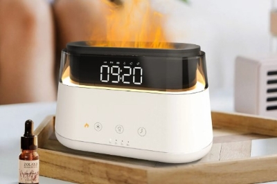 Picture of 3D Flame Light Aroma Essential Oil Diffuser with Alarm Clock 180ml Cool Mist Air Humidifier with Time Display